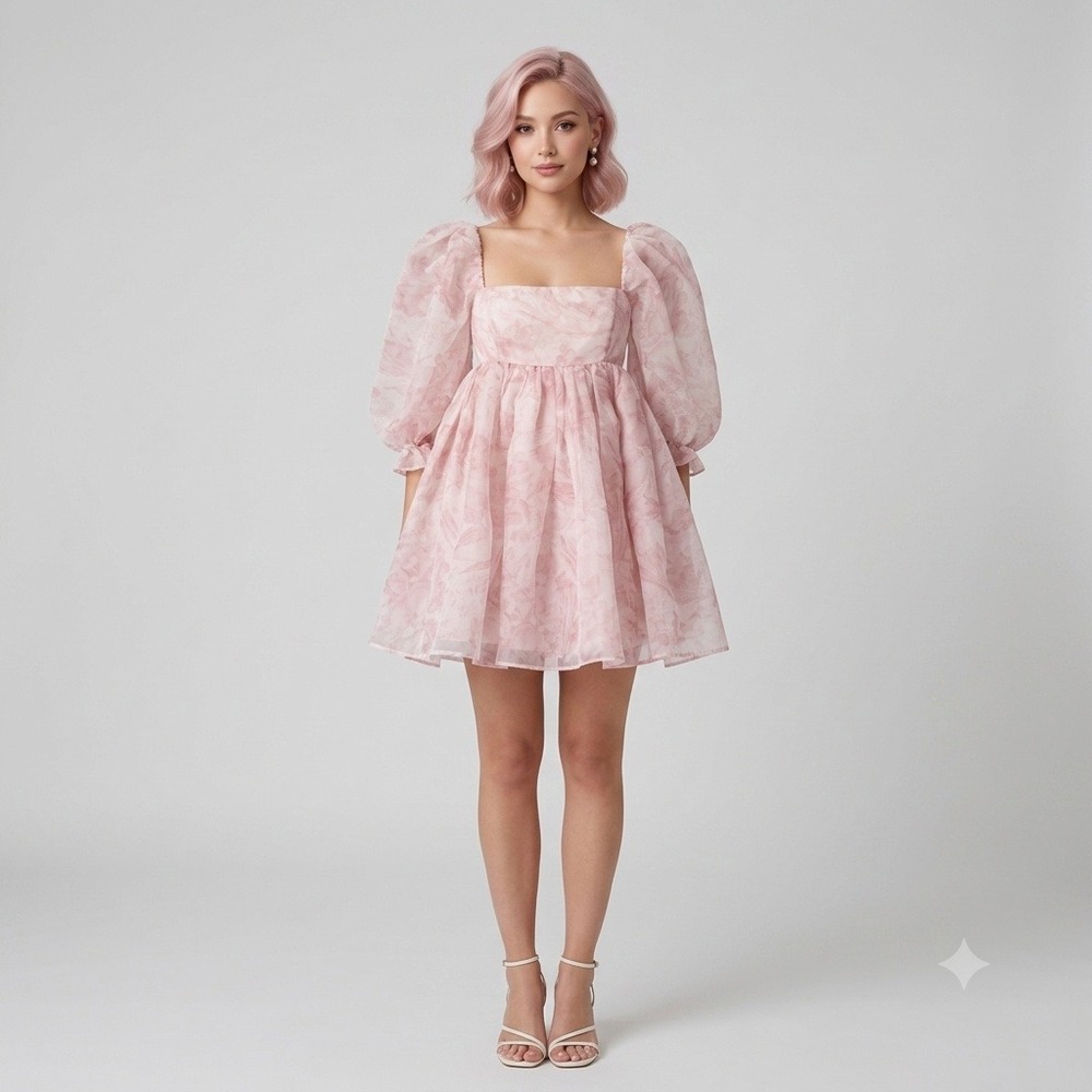 Selkie Puff Organza Mini Dress Pink Floral Babydoll Size Small